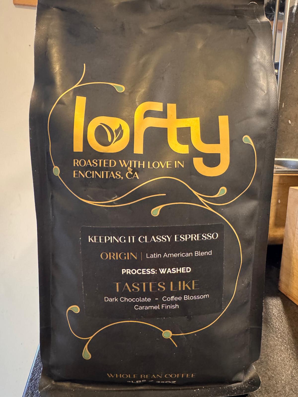 Bag of Lofty Keeping It Classy Espresso coffee beans
